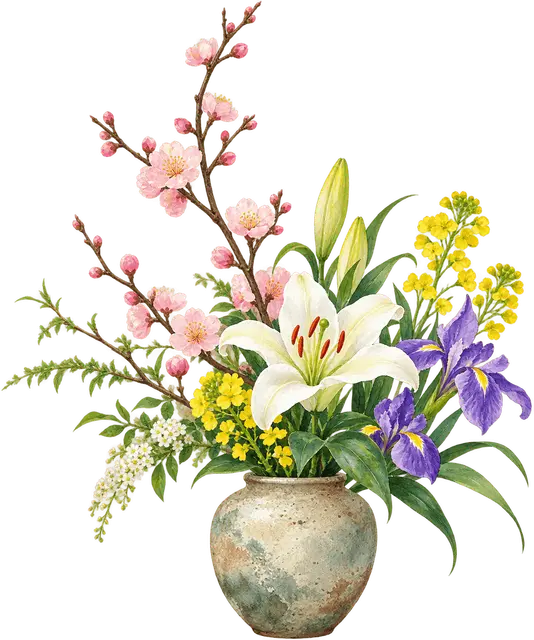 水彩の花瓶に生けた花
